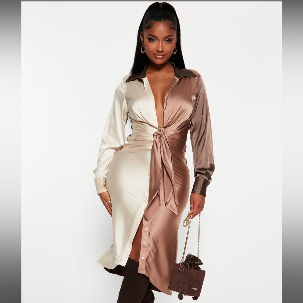 Mocha & Cream Satin Midi Dress - Long Sleeve - Size L - Picture 1 of 9